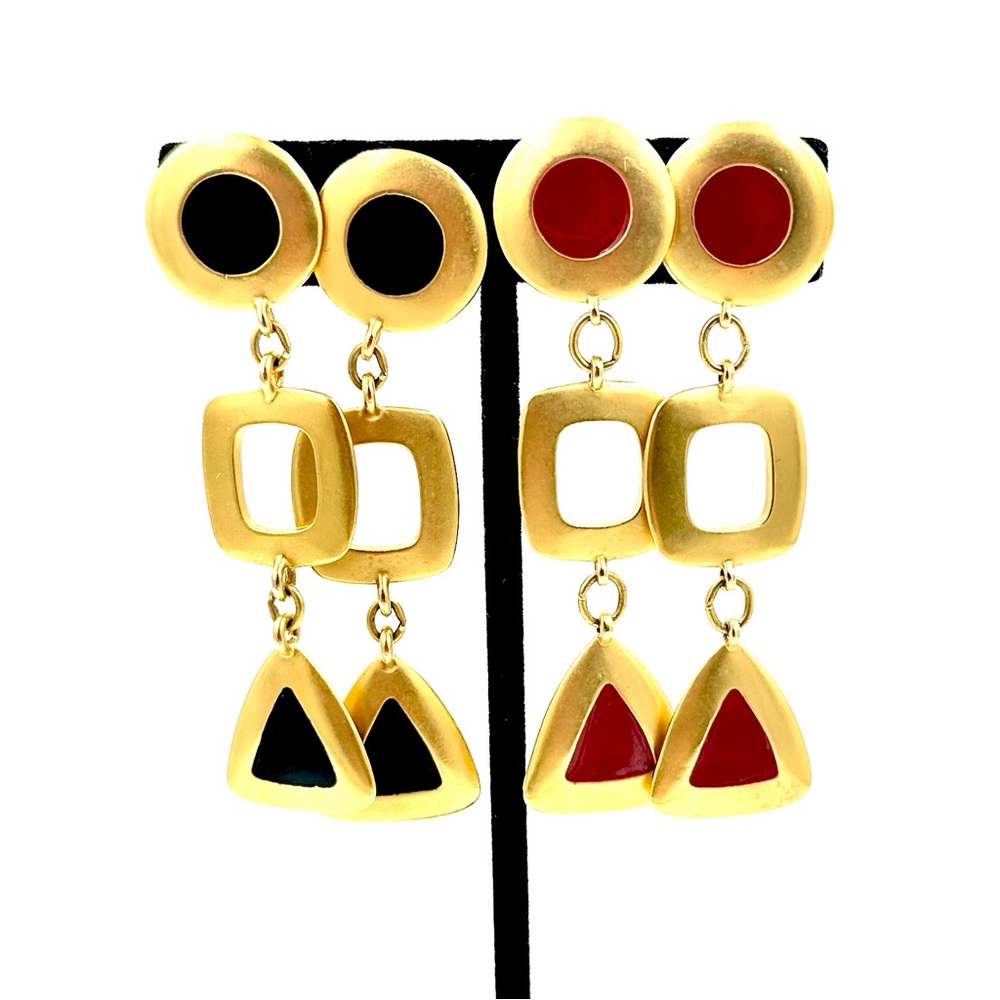 Vintage Avon Matte Gold Enamel Geometric Drop Dangle Earrings 2 Pairs Red Black